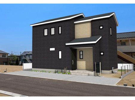 成田市本城H区｜№21モデル｜月々6万台で買える家　【一戸建て】 （21号棟）完成予想図 完成外観パースです。同形状・同仕様で仕上がります。外壁は旭トステム・ルフラン16PシリーズのルフランブラックとトラヴィスPシリーズのトラヴィスベージュPを使用