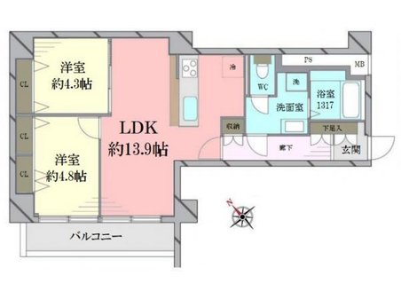 古川松原マンション 2LDK、価格4680万円、専有面積61.19㎡、バルコニー面積5.85㎡■専有面積：６１．１９平米の２ＬＤＫ