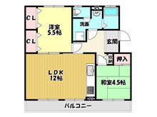釈尊寺第一住宅第12号棟 2LDK、価格980万円、専有面積54.37㎡、バルコニー面積9.03㎡