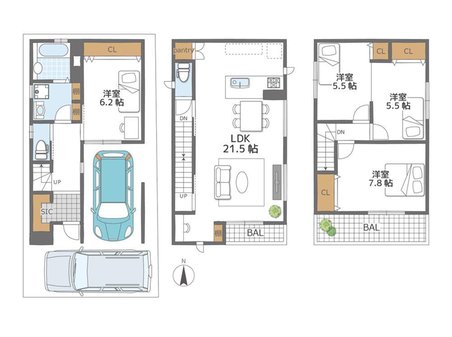 kiNOie都島区高倉町３丁目　自由設計住宅　ご自慢ハウスプロジェクト 建物プラン例（Ｂ号地）建物価格1780万円、建物面積105.78㎡。大空間、充実の４ＬＤＫプランあり！駐車場２台可能です♪