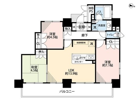 ワコーレ神戸灘タワー 3LDK、価格3680万円、専有面積68.75㎡、バルコニー面積13.91㎡洋室と和室両方楽しめます