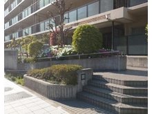 ネオコーポ大阪城公園１号館 東側も公道に面した東南角地にあり、高台になっているため、南側では視界が開け開放感があります。また東の公道側には緑地のプロムナードが施されていて、直接通りには面さない独立性の高い敷地です。