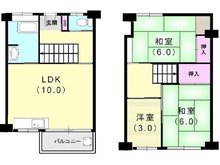 松が丘住宅１８号棟 3LDK、価格380万円、専有面積57.41㎡、バルコニー面積3.36㎡メゾネットタイプ。現在賃貸中。