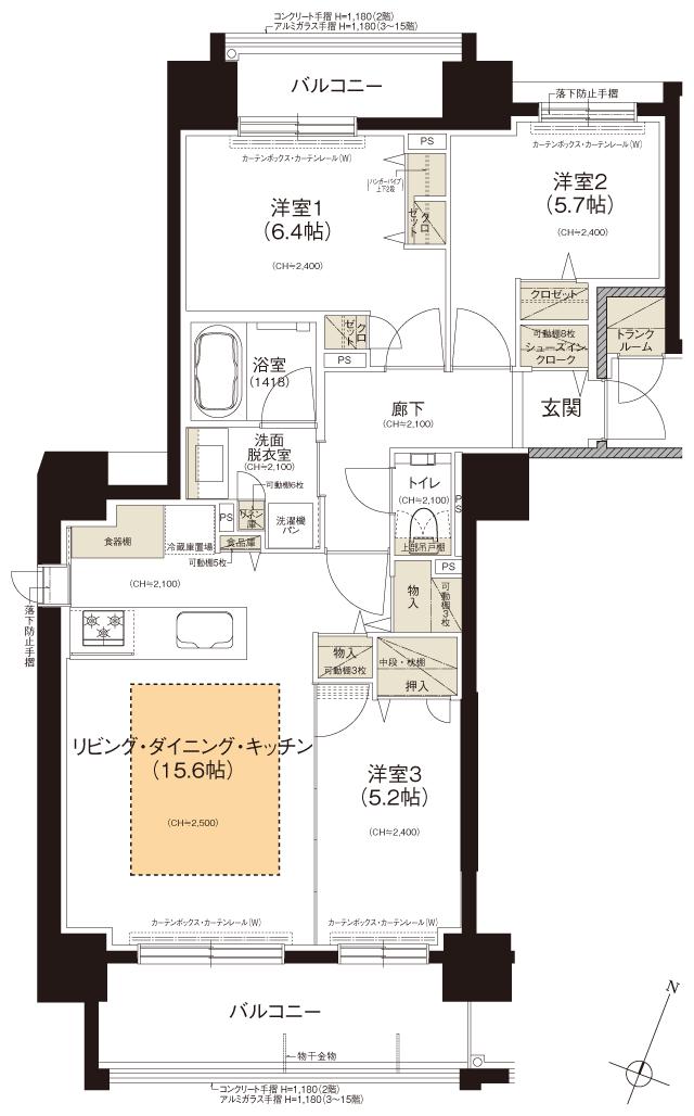 クリーンリバーフィネス学園前ミッドステージの間取り図　A：3LDK