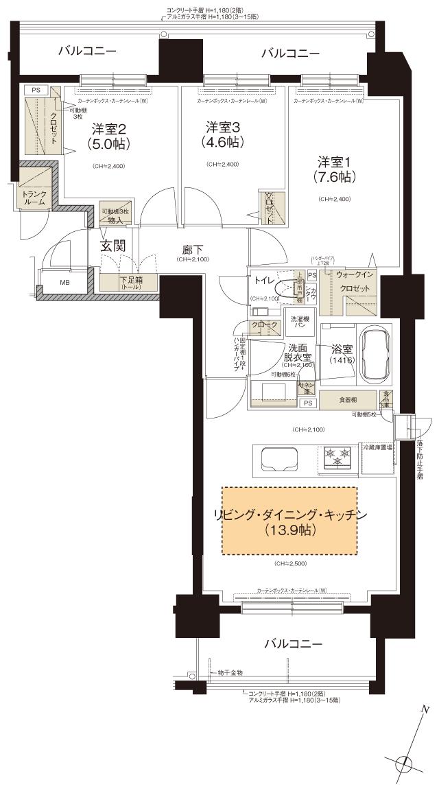 クリーンリバーフィネス学園前ミッドステージの間取り図　D：3LDK