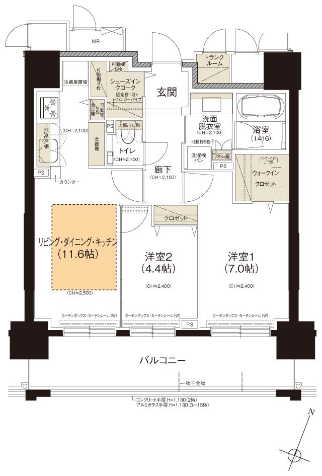 クリーンリバーフィネス学園前ミッドステージの間取り図　F：2LDK