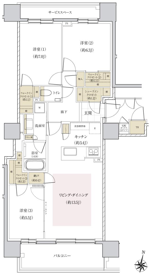 パークホームズ円山表参道フロントの間取り図　D：3LDK+3WIC+SIC+N