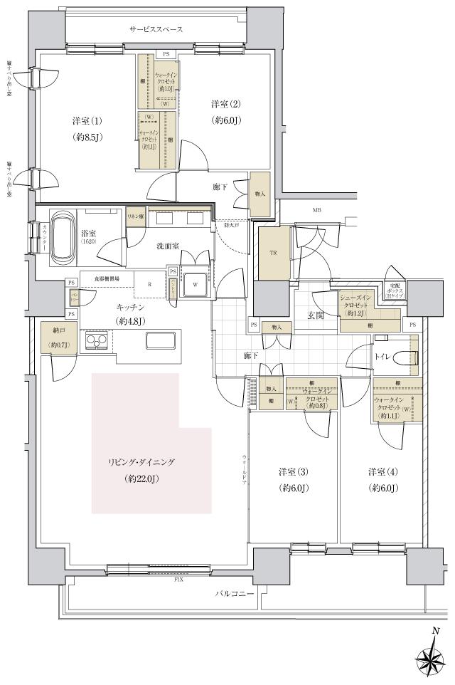 パークホームズ円山表参道フロントの間取り図　H：4LDK+4WIC+SIC+N
