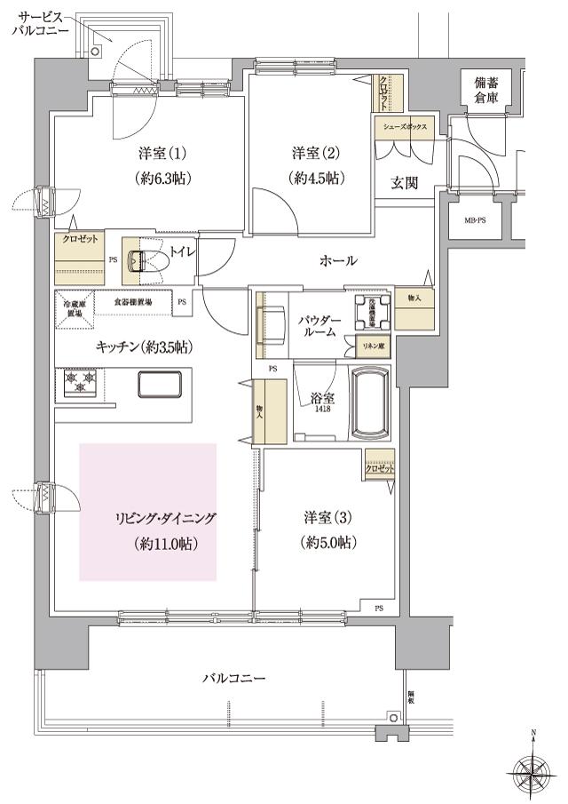 ファインシティ札幌 URBAN FORWARDの間取り図　A(Bright)：3LDK