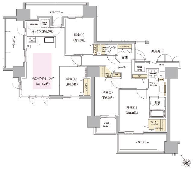 ファインシティ札幌 URBAN FORWARDの間取り図　A(Airy)：4LDK+2WIC