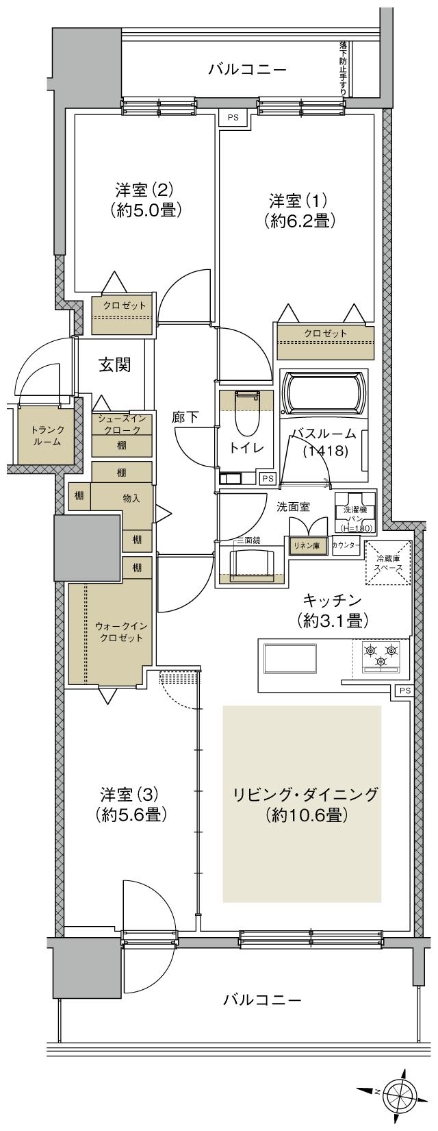 ザ・ライオンズ札幌北九条の間取り図　C：3LDK+WIC+SIC
