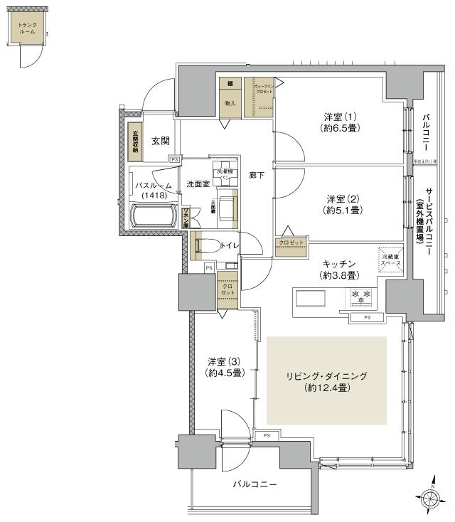 ザ・ライオンズ札幌北九条の間取り図　F：3LDK+WIC