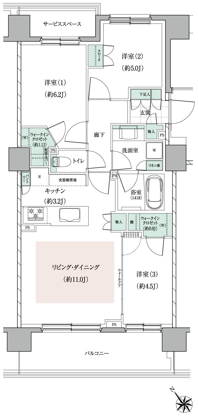 パークホームズ東札幌の間取り図　D1：3LDK+2WIC