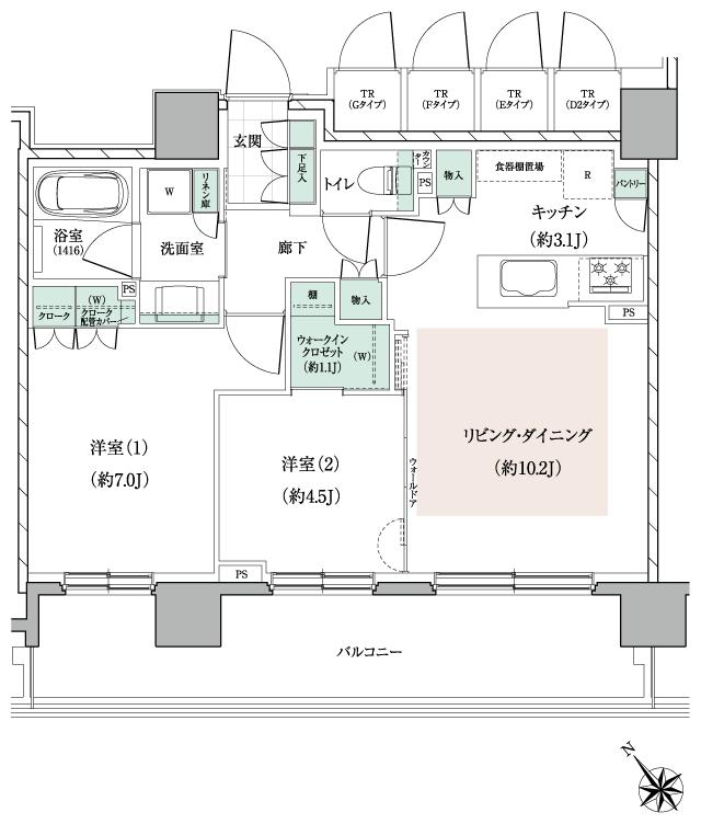 パークホームズ東札幌の間取り図　E：2LDK+WIC