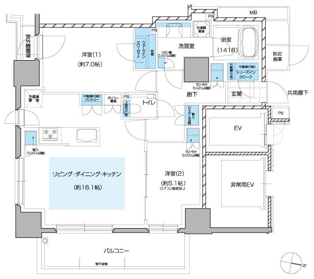 レ・ジェイド札幌大通ザ・タワーの間取り図　E：2LDK+WIC+SIC