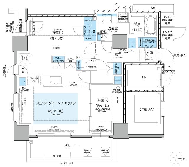 レ・ジェイド札幌大通ザ・タワーの間取り図　E：2LDK+WIC+SIC