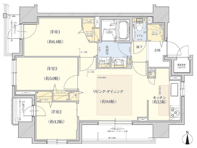 クレアホームズ フラン白石〈センタープレイス〉の間取り図　A：3LDK