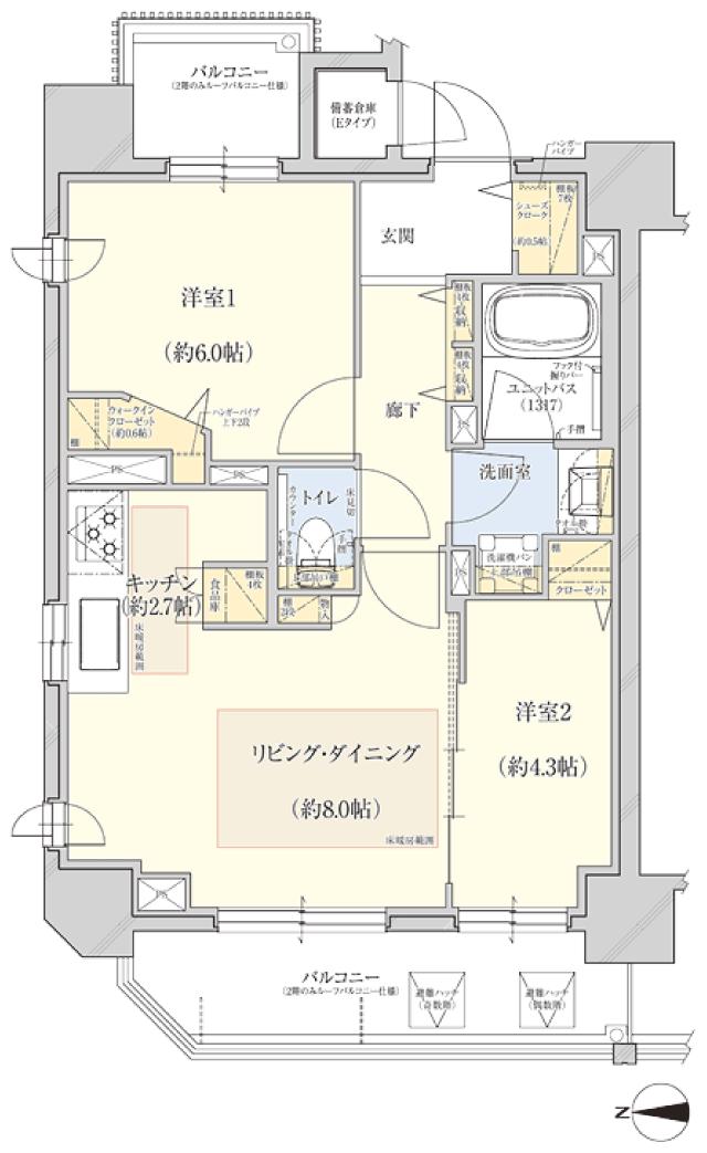 クレアホームズ フラン白石〈センタープレイス〉の間取り図　E：2LDK