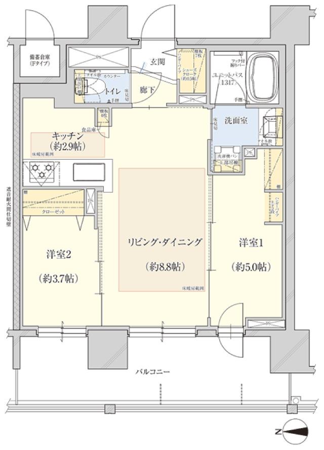 クレアホームズ フラン白石〈センタープレイス〉の間取り図　F：2LDK