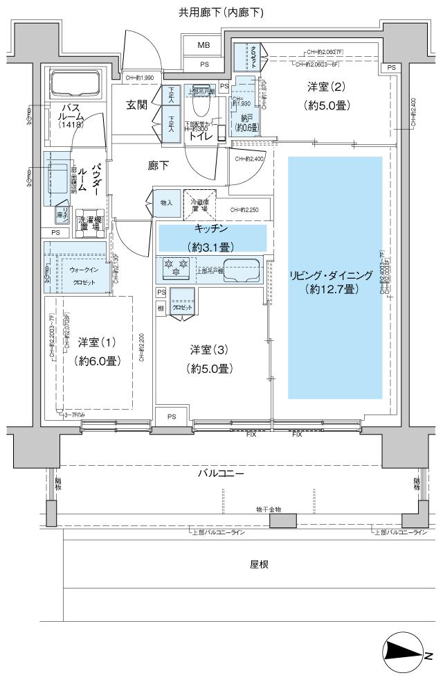 シティテラス宮ケ丘の間取り図　J：3LDK+N+WIC