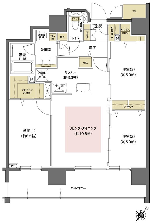 レーベン福住 LEGEND ARKSの間取り図　E1：3LDK+2WIC+玄関クローク