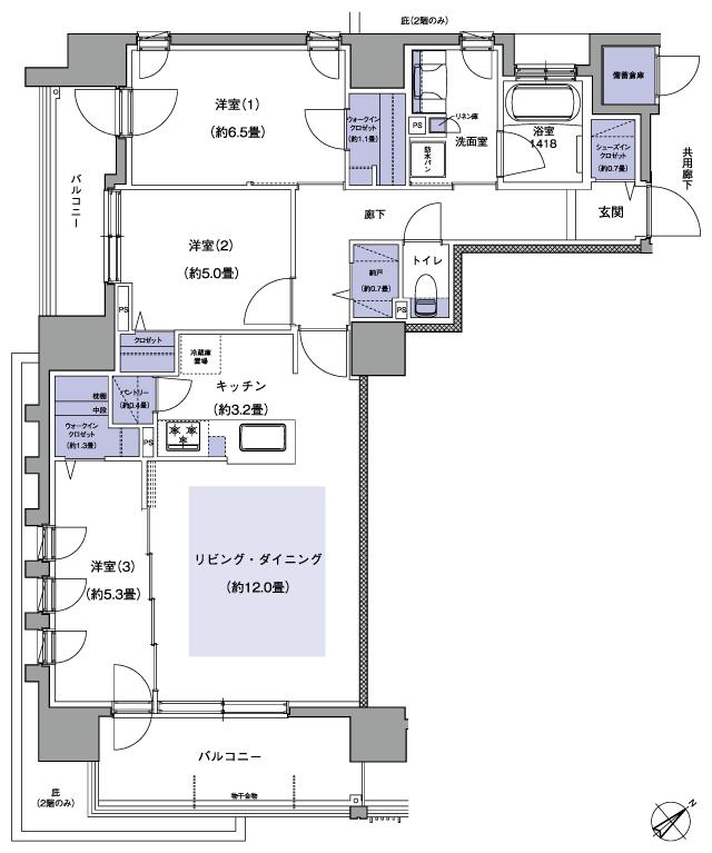 ブランシエラ豊平三条の間取り図　A：3LDK+N+2WIC+SIC