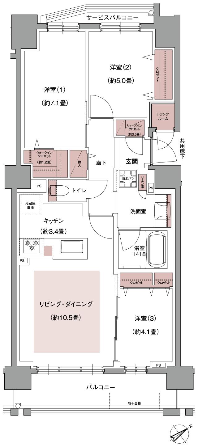 ブランシエラ東札幌サンリヤンの間取り図　C：3LDK+WIC+SIC