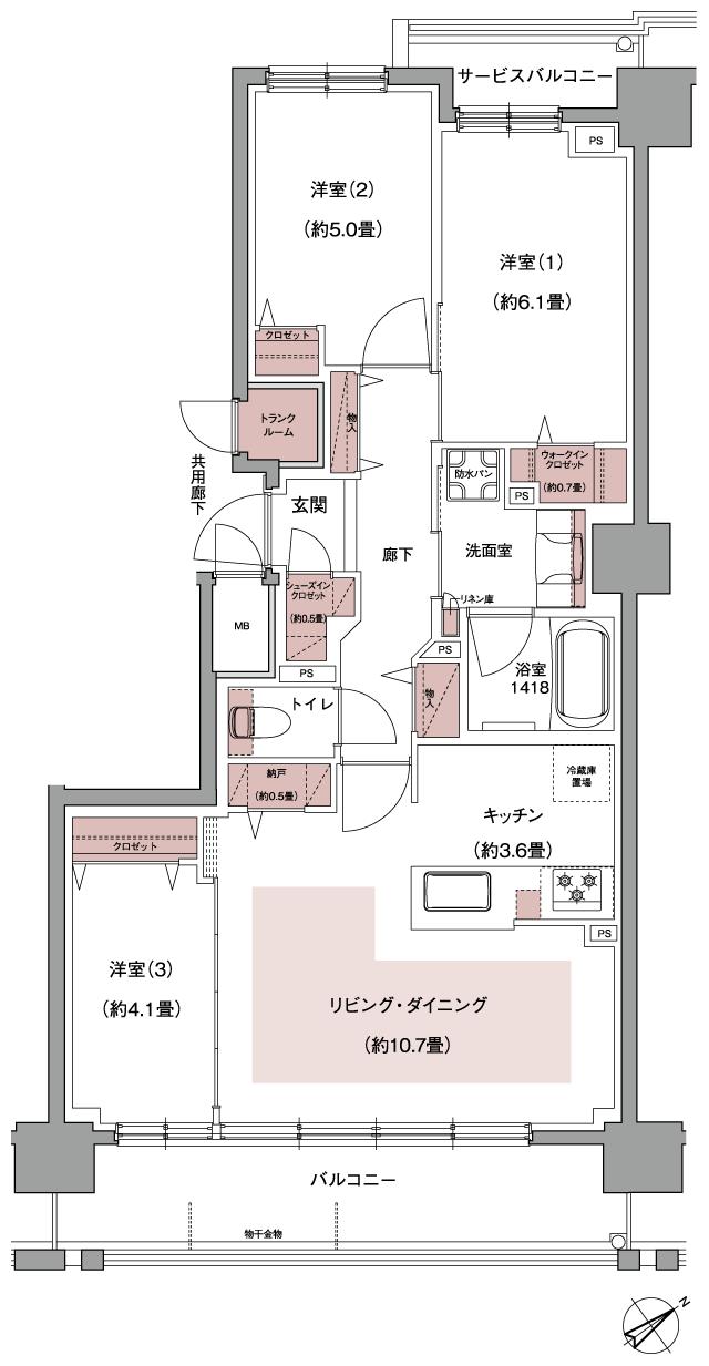 ブランシエラ東札幌サンリヤンの間取り図　F：3LDK+N+WIC+SIC