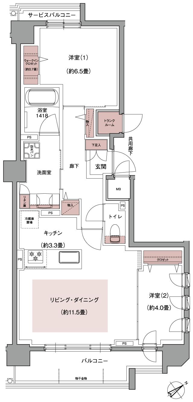 ブランシエラ東札幌サンリヤンの間取り図　J：2LDK+WIC