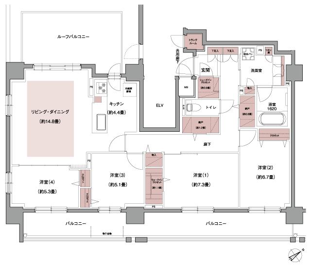 ブランシエラ東札幌サンリヤンの間取り図　K：4LDK+2N+WIC+SIC