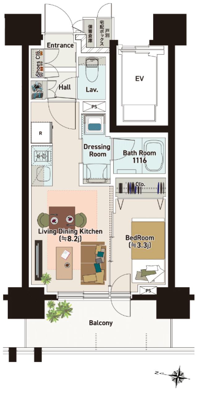 ネベル札幌 legend coreの間取り図　B：1LDK