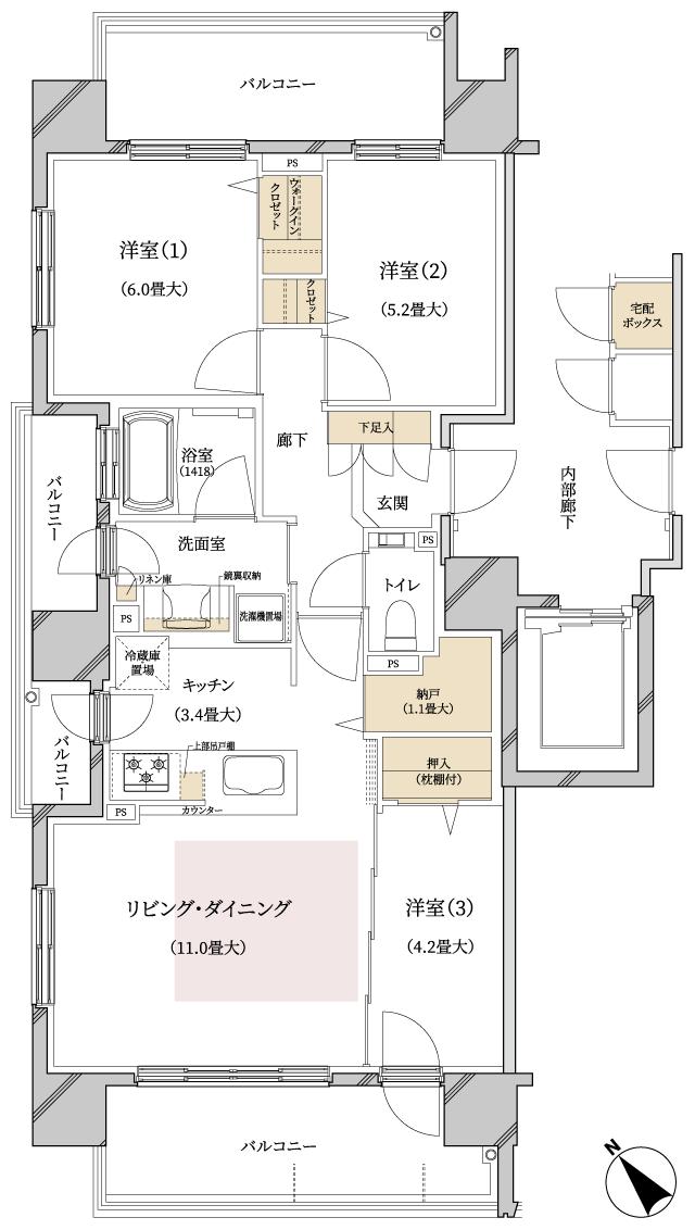 ブランズ豊平学園前の間取り図　A：3LDK+N+WIC