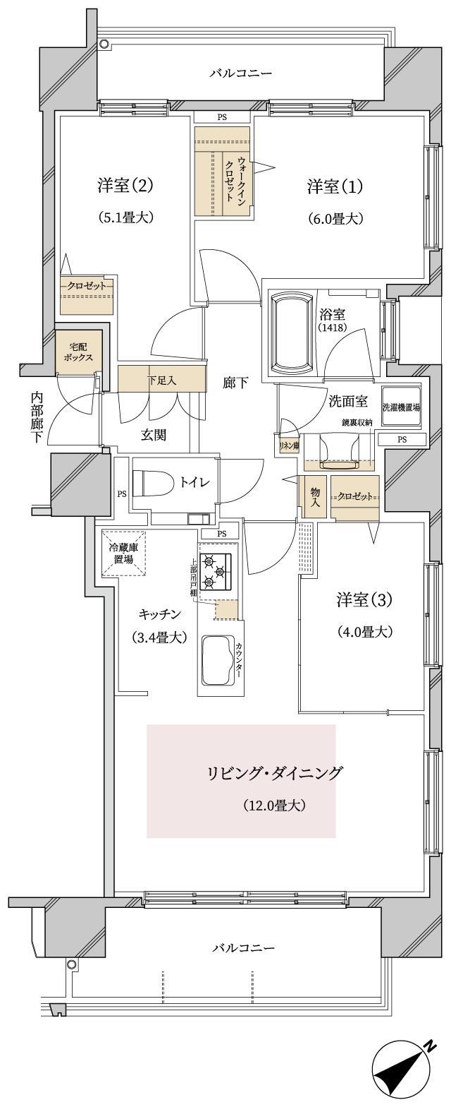 ブランズ豊平学園前の間取り図　F：3LDK+WIC