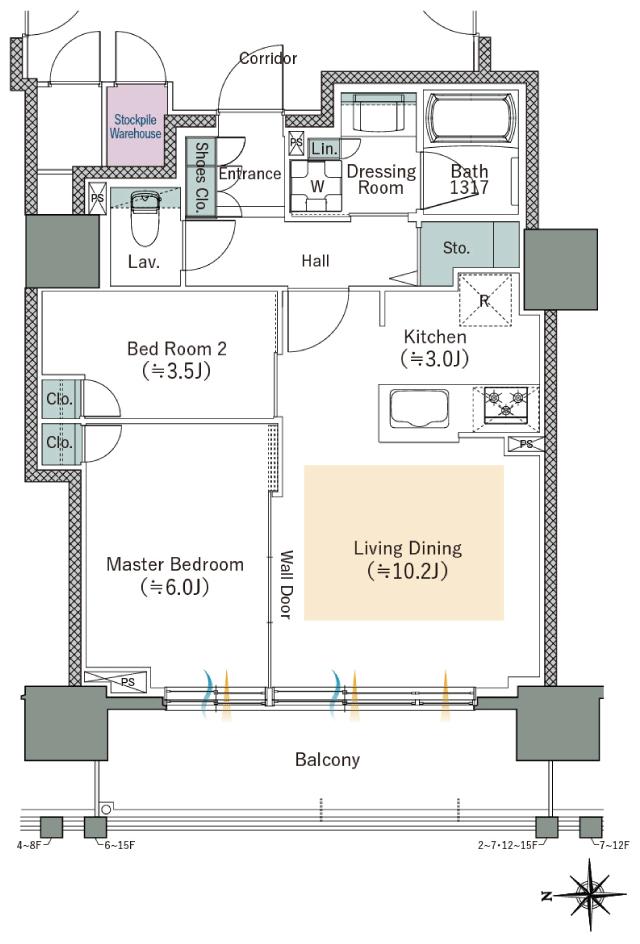 ファインレーベン札幌二十四軒 THE SEASONの間取り図　B：2LDK