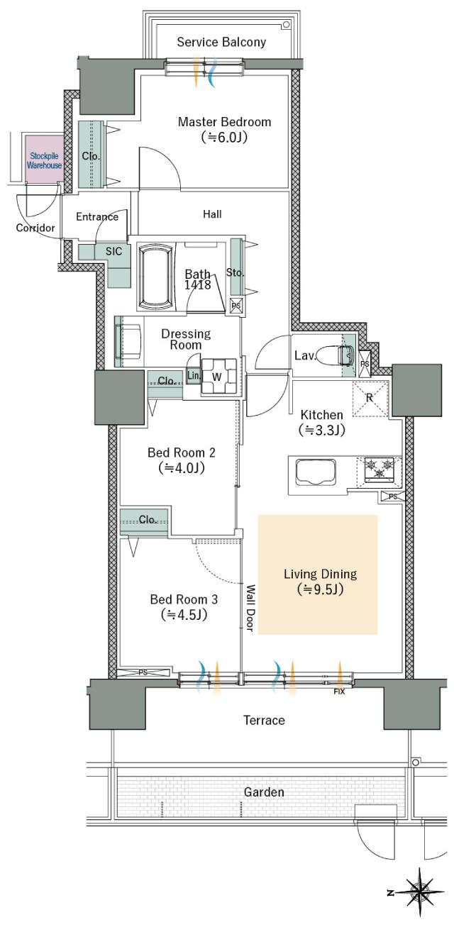 ファインレーベン札幌二十四軒 THE SEASONの間取り図　Cg：3LDK+SIC