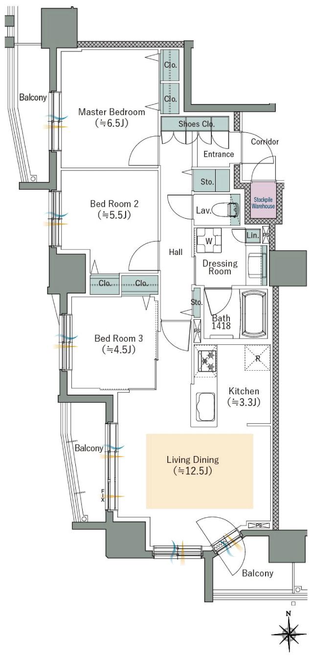 ファインレーベン札幌二十四軒 THE SEASONの間取り図　E：3LDK