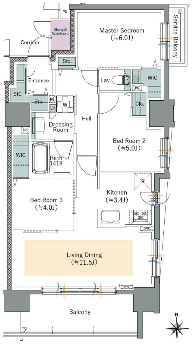 ファインレーベン札幌二十四軒 THE SEASONの間取り図　F：3LDK+2WIC+SIC