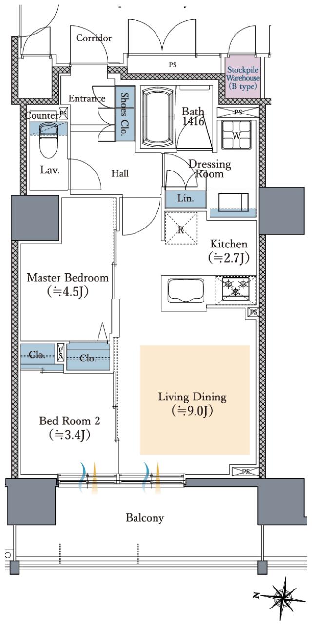 ファインレーベン札幌二十四軒 THE MIDの間取り図　B：2LDK
