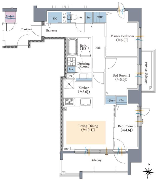 ファインレーベン札幌二十四軒 THE MIDの間取り図　F：3LDK+WIC+SIC