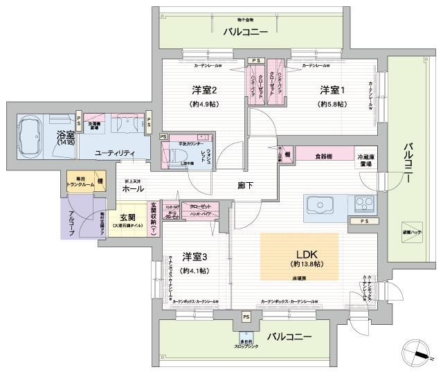 グランファーレ真駒内グランフォレストの間取り図　I：3LDK+HC+HS+AL+TR