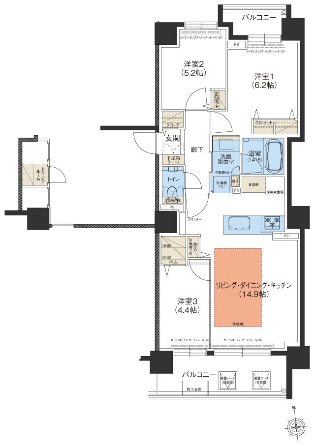 クリーンリバーフィネス澄川グランデュオの間取り図　D：3LDK