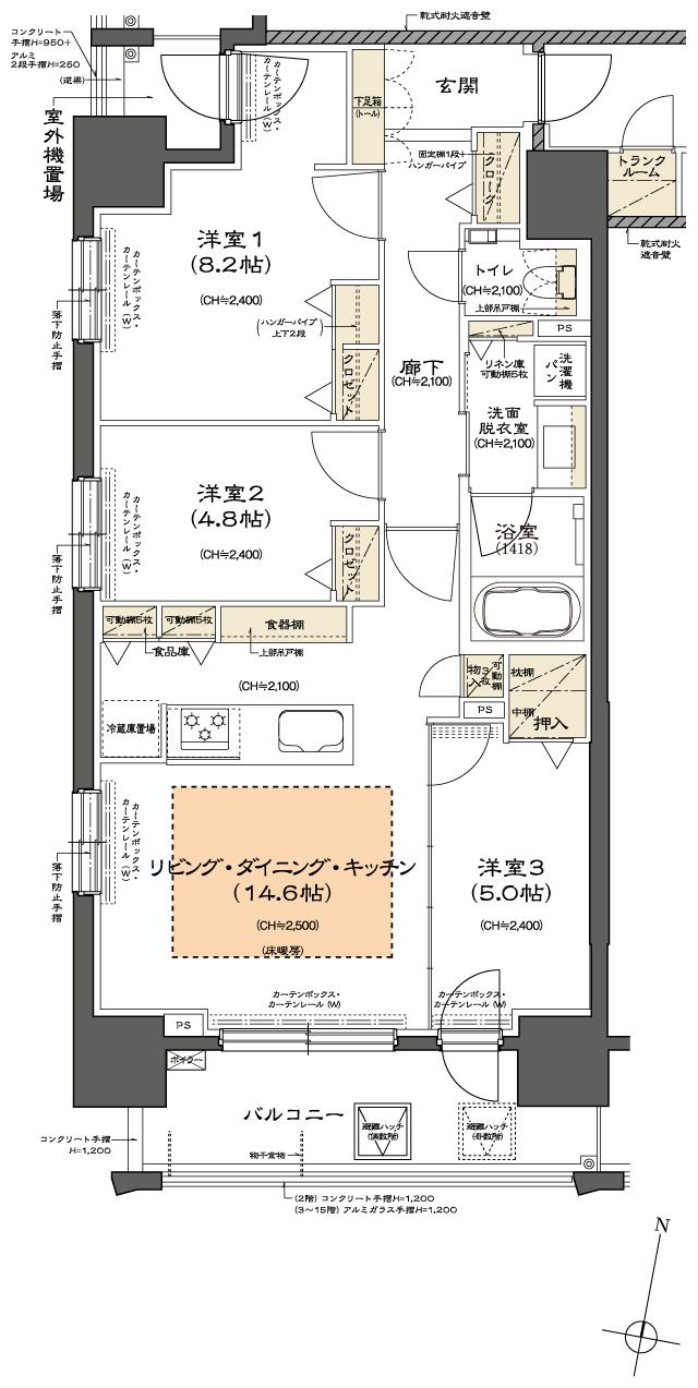 クリーンリバー フィネス北1条イーストの間取り図　B：3LDK