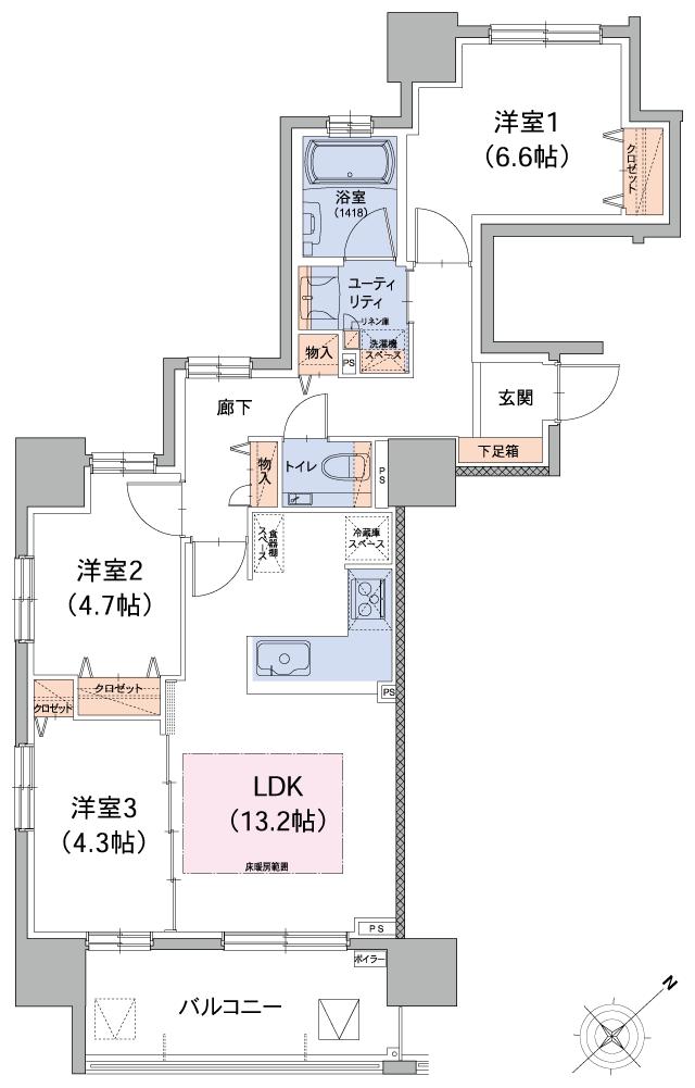 ル・ケレス福住の間取り図　A：3LDK