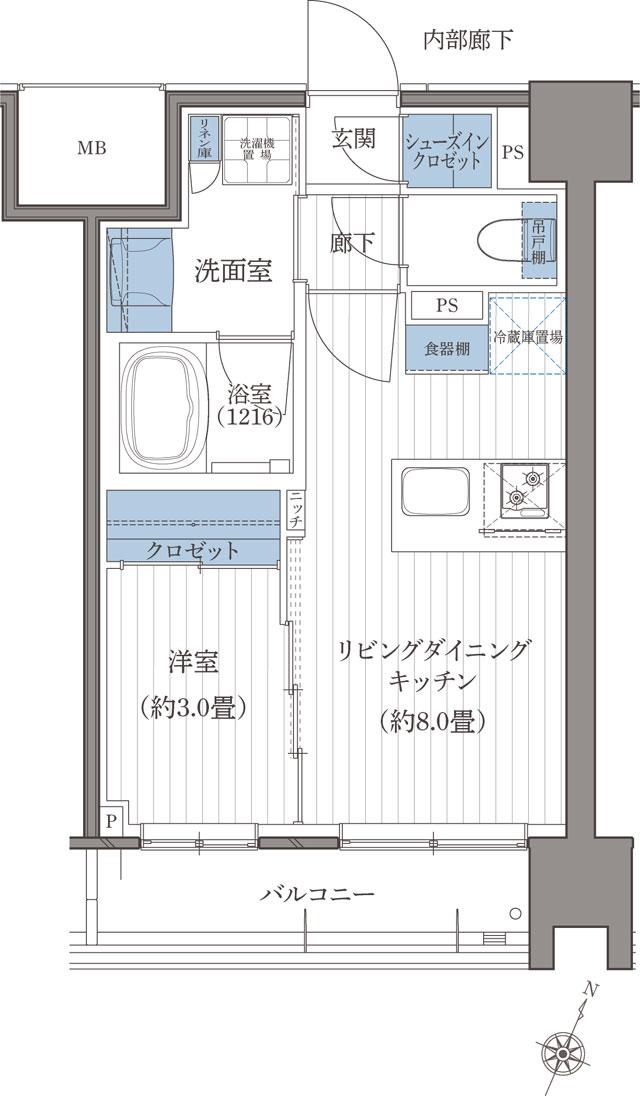 デュオヒルズ仙台一番町一丁目の間取り図　B2：1LDK+SIC