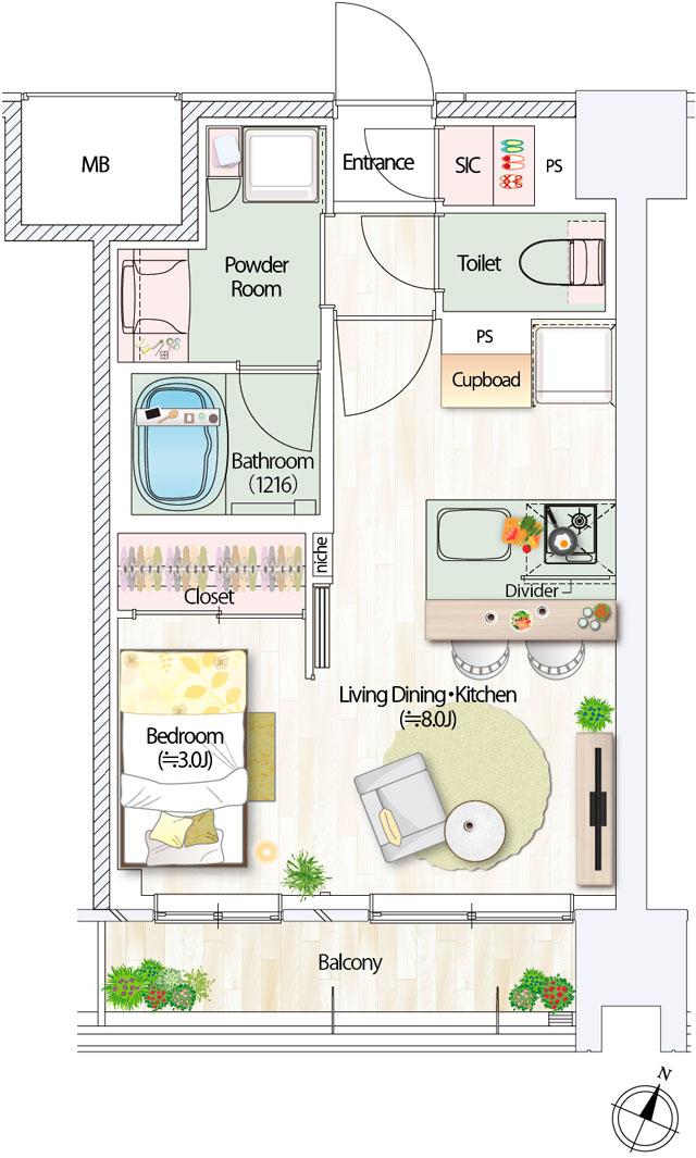 デュオヒルズ仙台一番町一丁目の間取り図　B1：1LDK+SIC