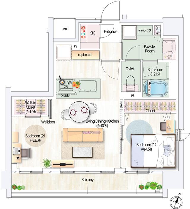 デュオヒルズ仙台一番町一丁目の間取り図　E：2LDK+WIC+SIC