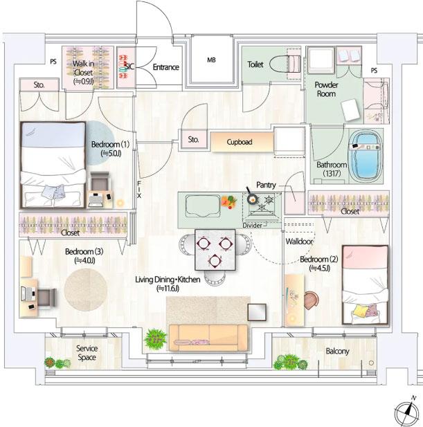 デュオヒルズ仙台一番町一丁目の間取り図　F：3LDK+WIC