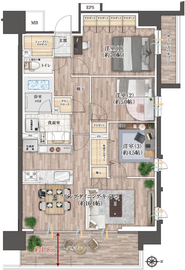 レーベン福島 ONE TOWERの間取り図　G：3LDK+GC+SIC+FC