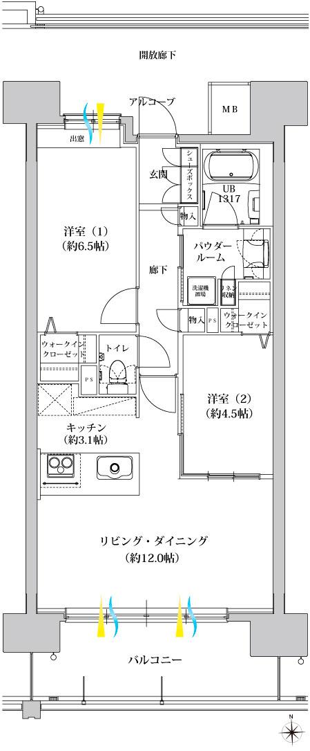グランフォセット福島上町の間取り図　B：2LDK+2WIC