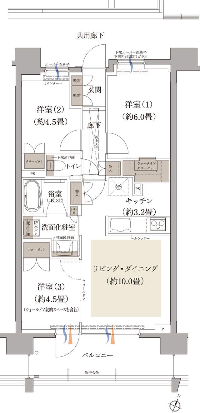 プラウド五橋の間取り図　B：3LDK+WIC
